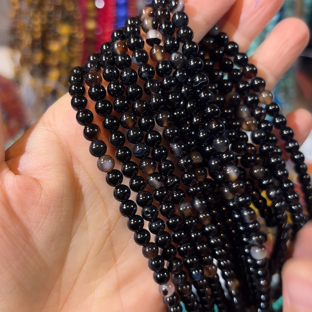 玛瑙/玉髓银S925镀金镶嵌珠宝半成品黑玛瑙卡5mm2条