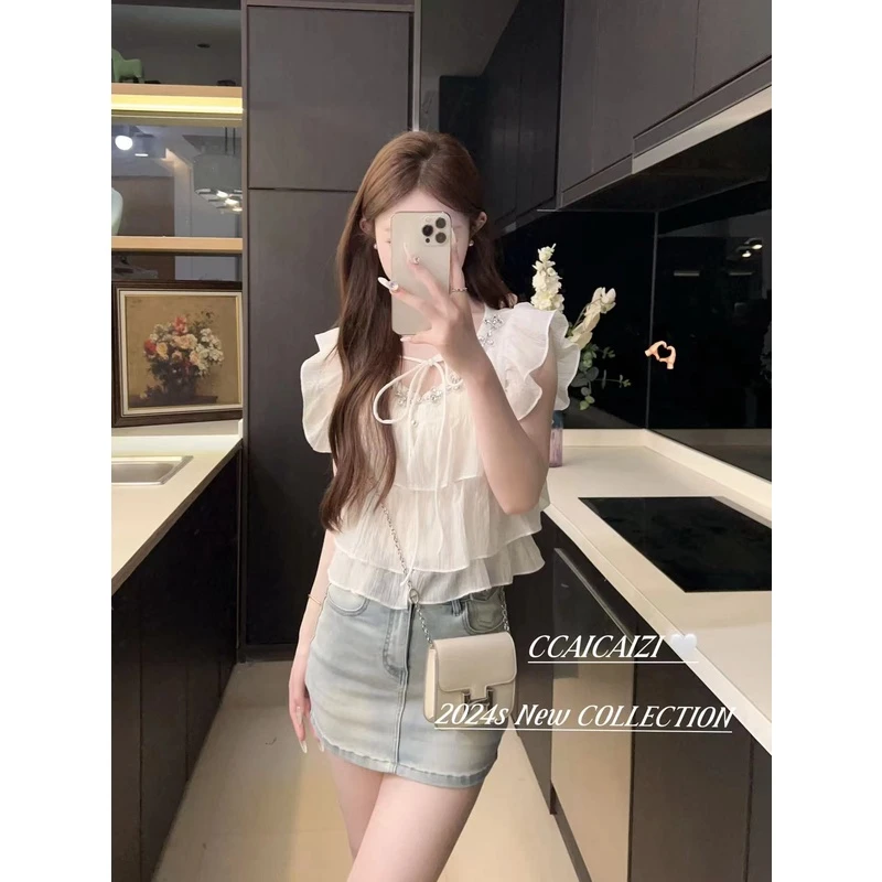 【夏日出逃】方领镶钻荷叶边小衬衣★91158