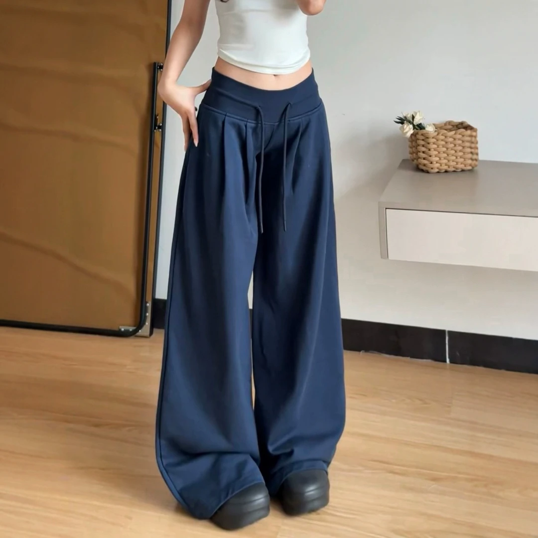美式藏青色运动裤女秋季新款宽松休闲低腰抽绳垂感阔腿拖地裤