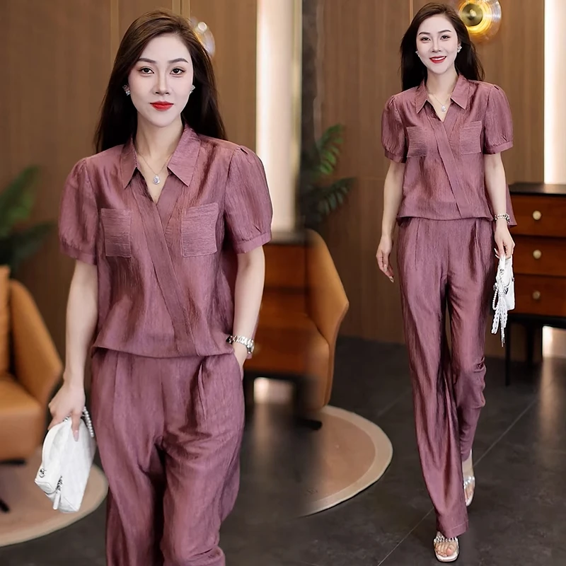 时尚套装女2025夏季新款洋气显瘦设计感冰丝短袖衬衫阔腿裤两件套