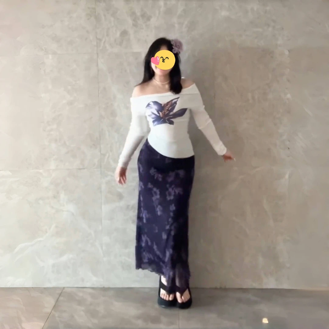 大码休闲套装女夏季胖MM显瘦一字肩印花长袖上衣高腰半身裙两件套