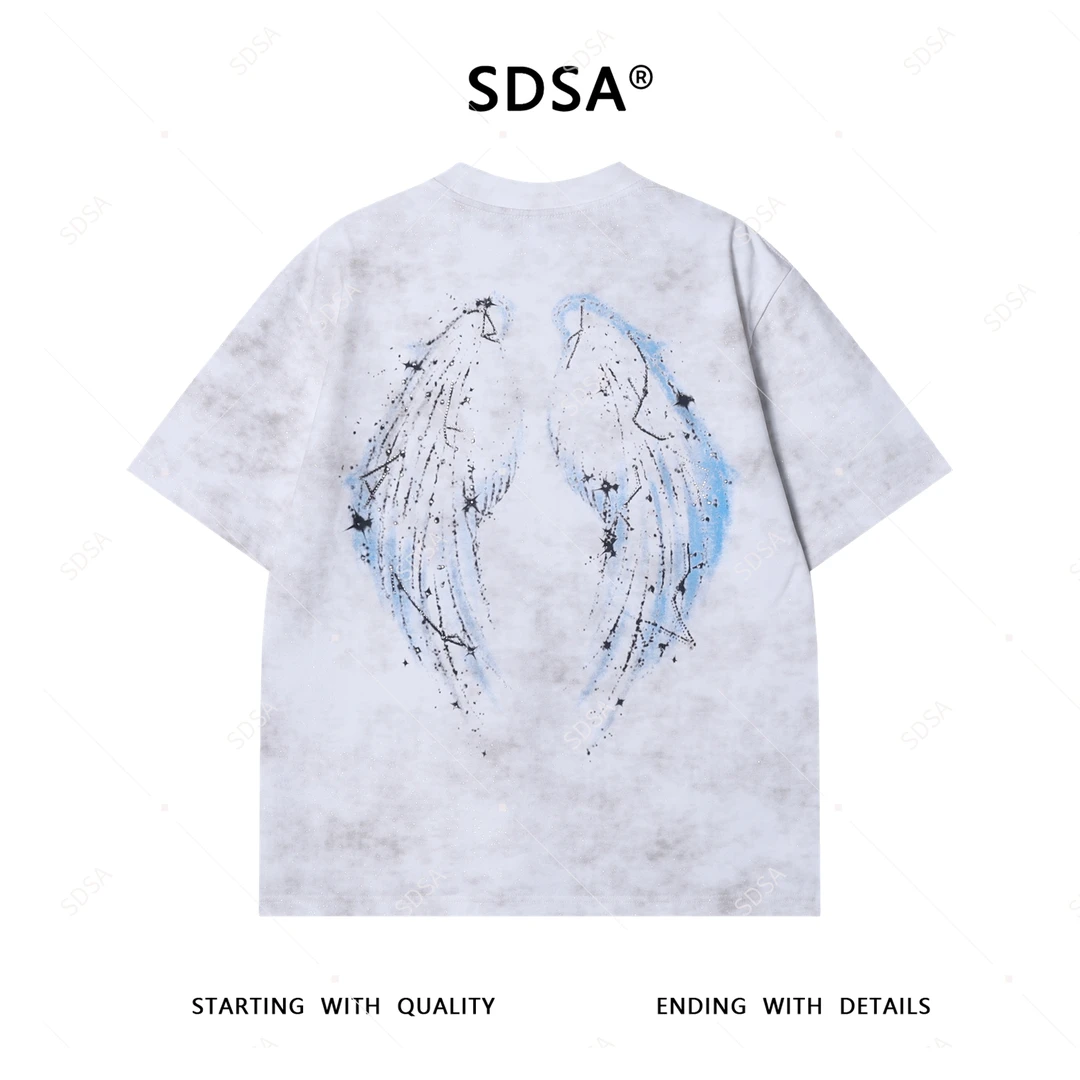 夏季高级感新款男士满天星翅膀字母印花短袖T恤百搭时尚圆领上衣