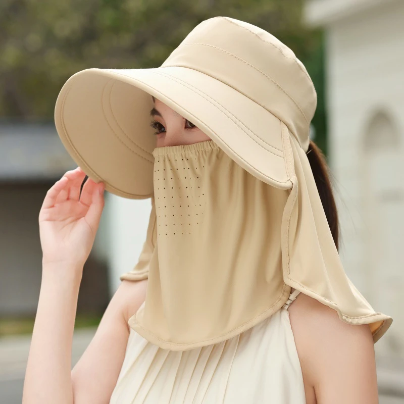 夏季大檐遮阳帽子女遮脸面罩户外防紫外线冰丝太阳帽骑车戴防晒帽