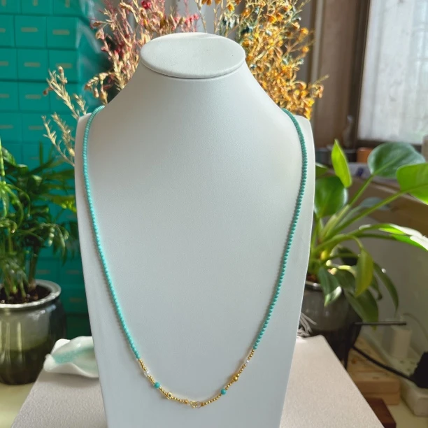 1399天然绿松石米珠18K项链2.4mm，长约68cm