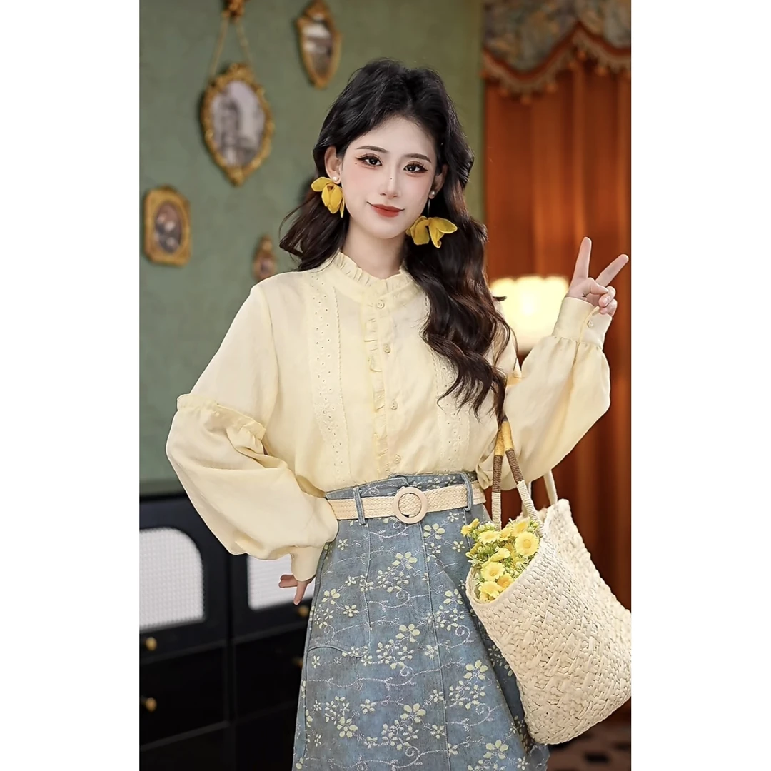 思思港风 2025春季新款宽松显瘦提花复古气质百搭长袖衬衫#7876