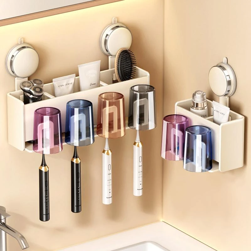 吸盘牙刷置物架奶白壁挂式免打孔卫生间电动牙刷漱口牙杯牙膏架子