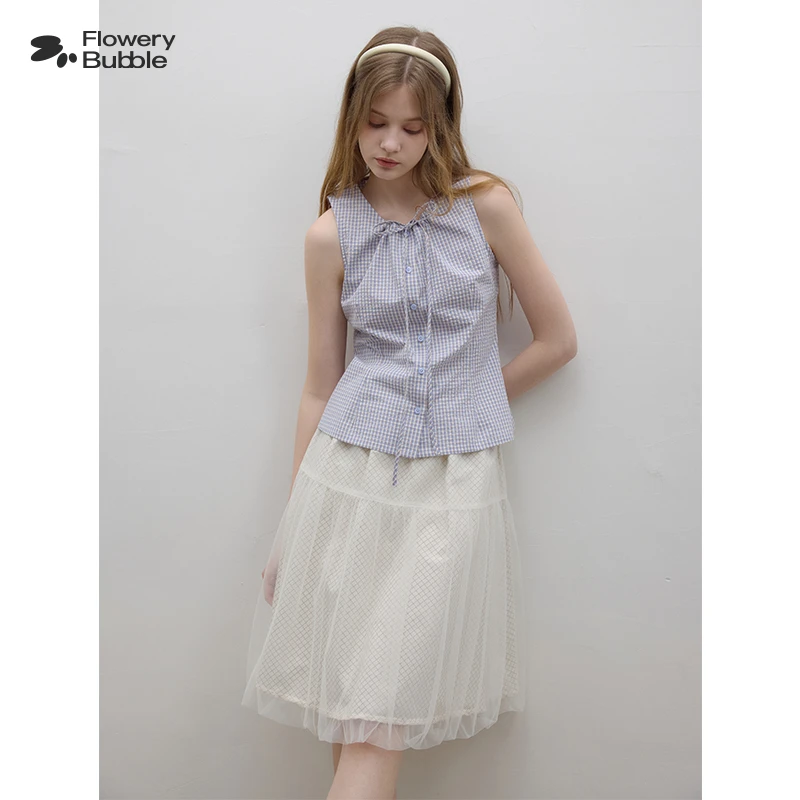 Flowery Bubble泡沫花市「夏日铃兰」复古格子无袖衬衫蝴蝶结背心