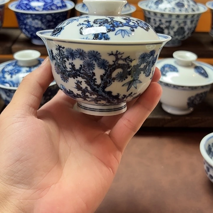 景德镇怀瑾守拙手工手绘松竹梅盖碗