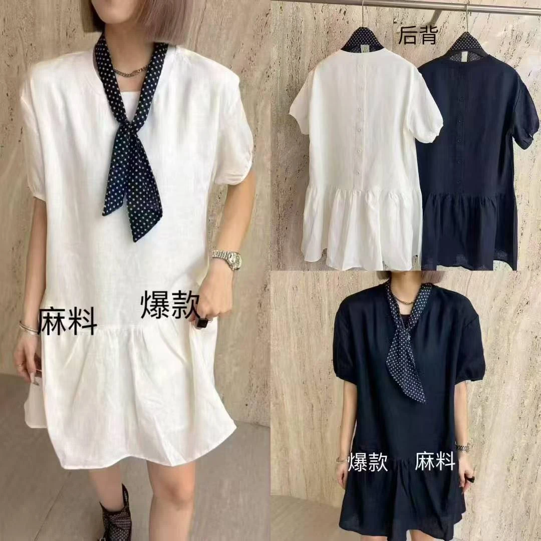 欧洲站2025夏季新款纯色拼接短袖连衣裙女时尚洋气简约套头裙子潮