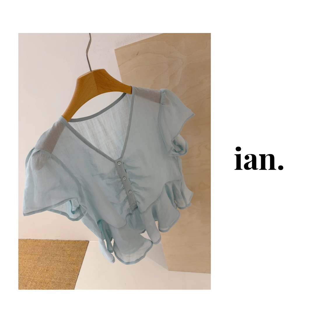 【ian】小飞袖V领荷叶下摆苎麻小衫