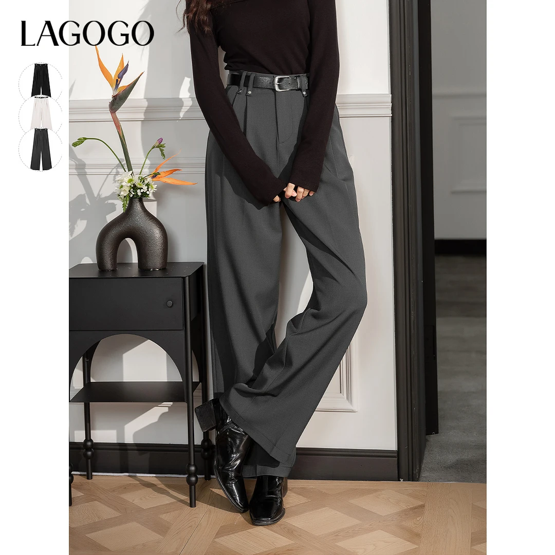 lagogo新款带腰带高腰显瘦百搭通勤裤女OAKK531G07