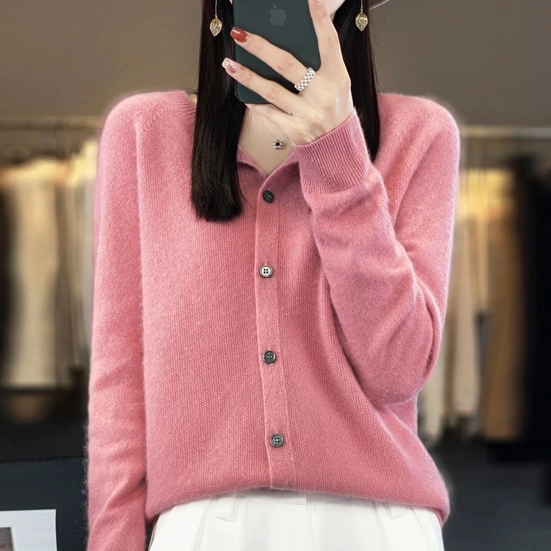 100%纯羊毛桂花针开衫一线成衣圆领纯色宽松毛衣(下单送洗护液)