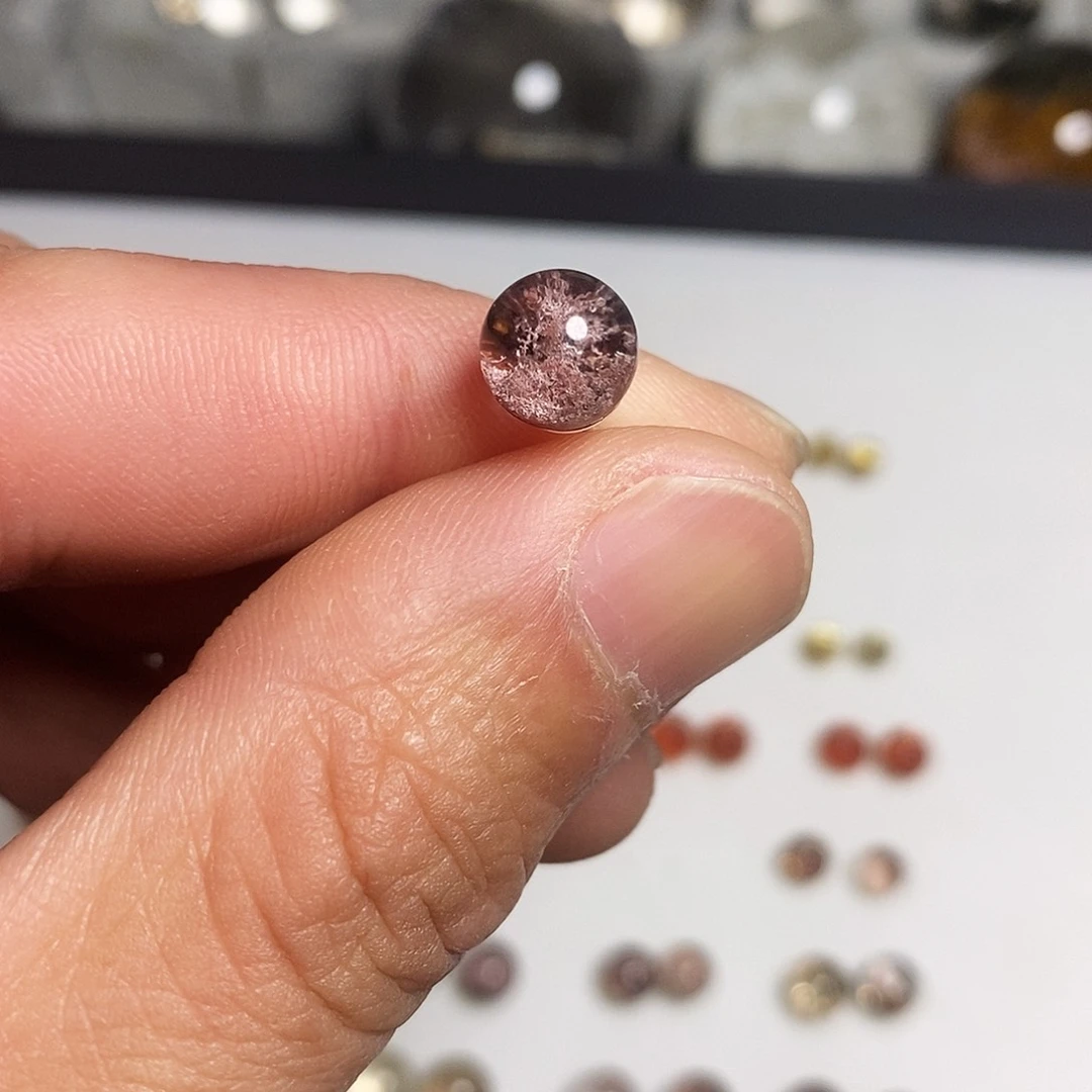 水晶耳钉银S925镶嵌暖***紫幽灵水晶小球耳钉8.4mm