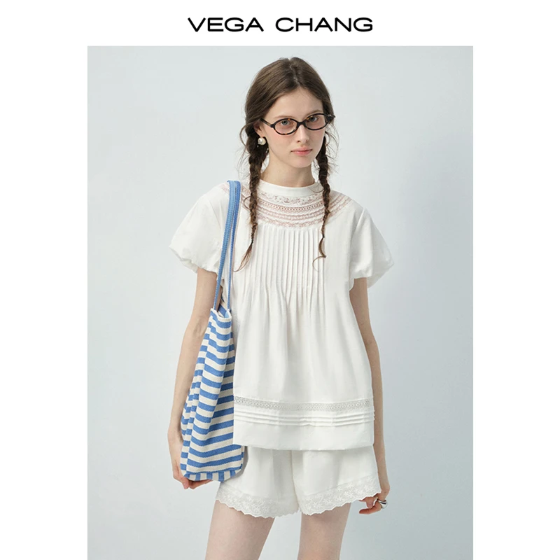 VEGA CHANG时尚套装女2026新款夏季蕾丝拼接褶皱上衣短裤0700JJ