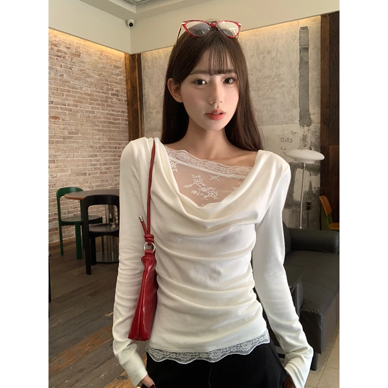 韩系白色蕾丝边长袖打底t恤女2025春秋新款纯欲风斜肩拼接小上衣