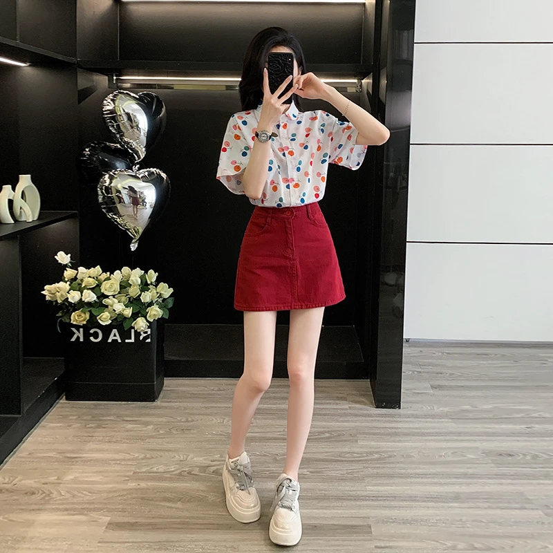 夏季新款甜美上衣宽松衬衫半袖衬衣酒红色牛仔半身裙字包臀短裙