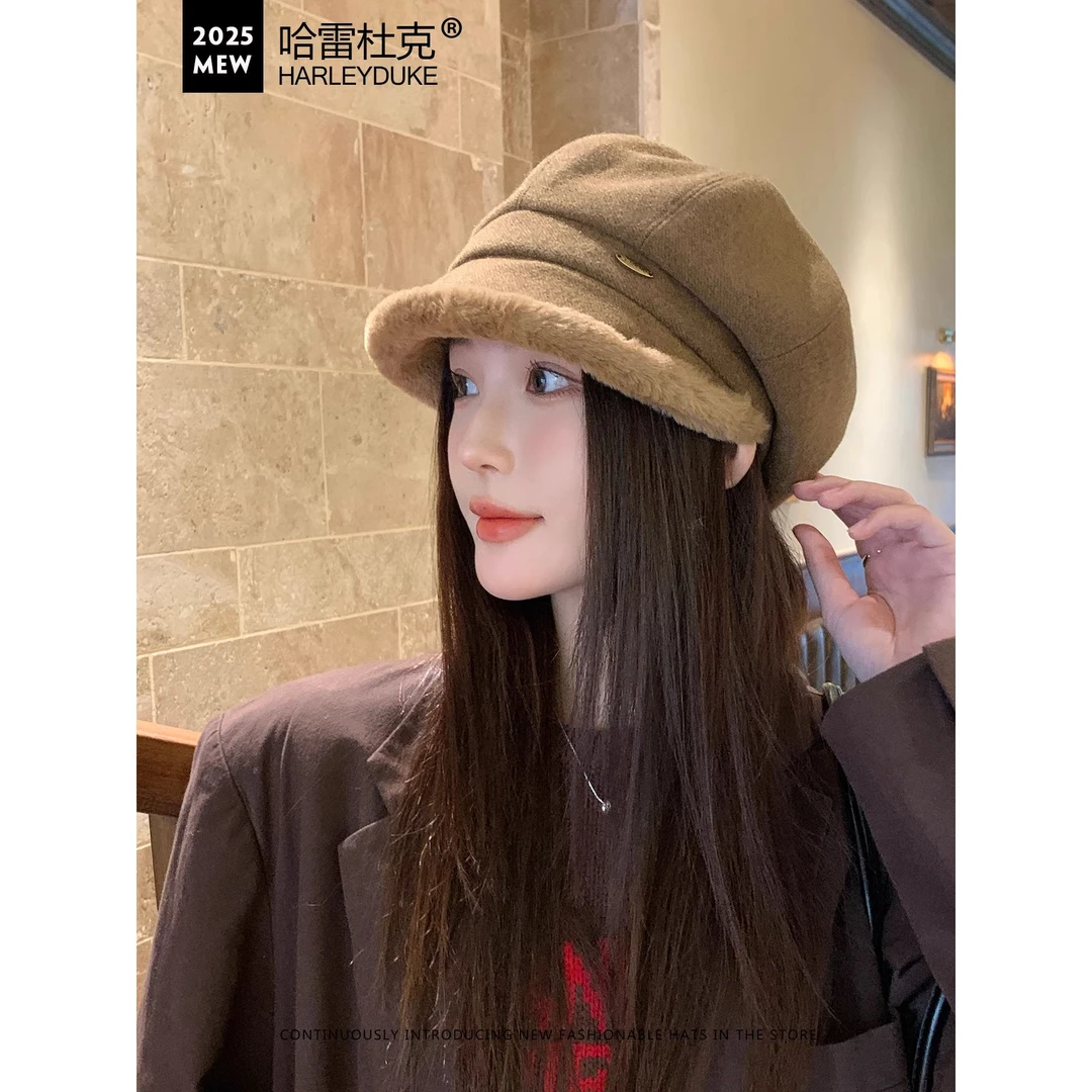 冬季加绒八角帽日系极简纯色款复古时尚显脸小户外保暖防寒贝雷帽