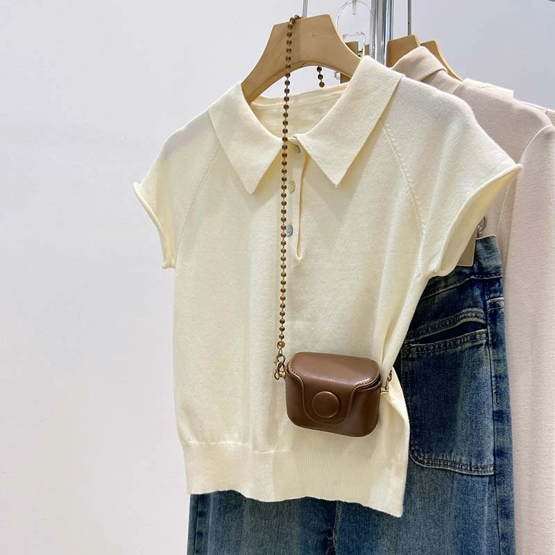 温柔杏色气质小众正肩半袖上衣2025夏季polo领针织衫短袖T恤女装