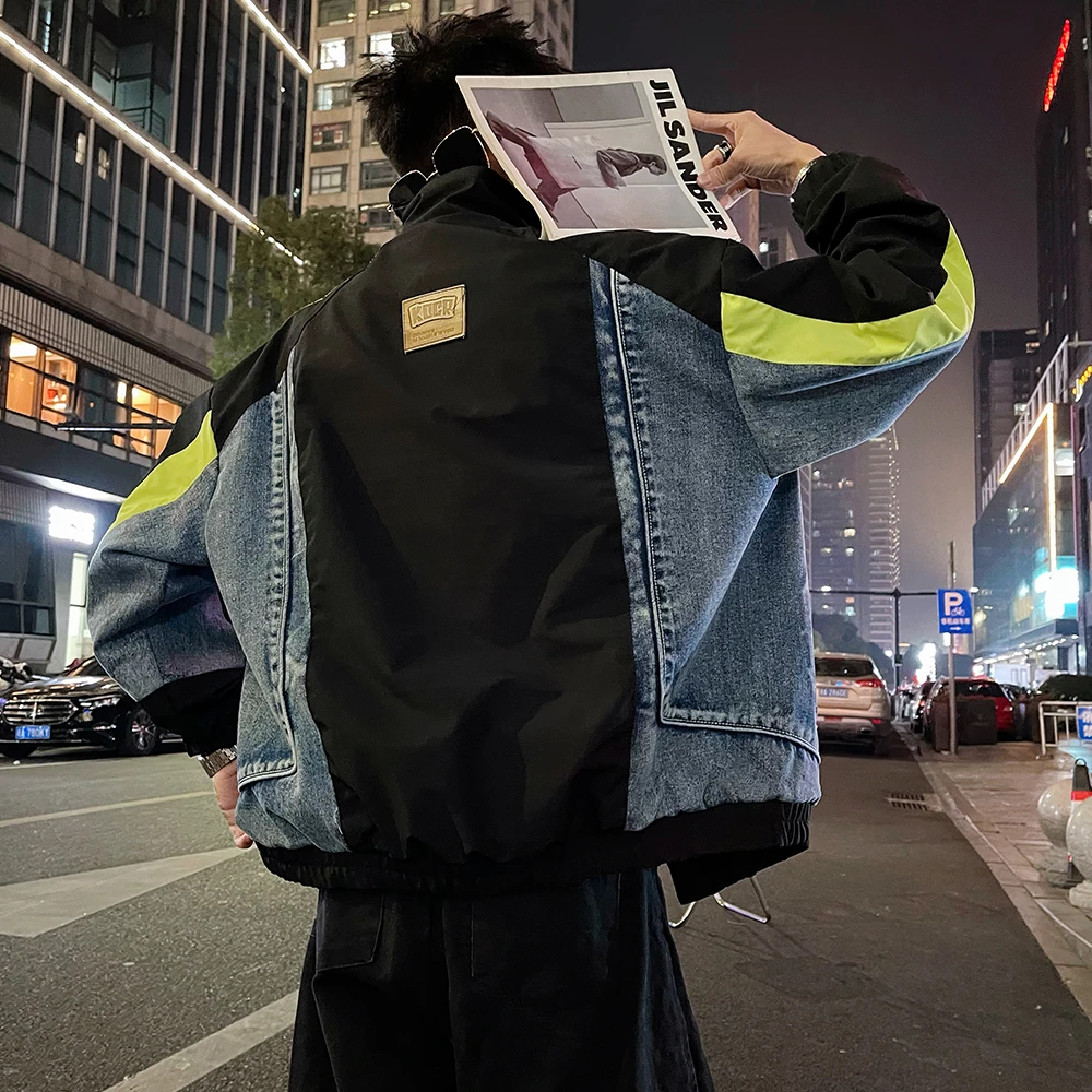 外套男款春秋季新款网红洋气炸街男装上衣高级感牛仔拼接立领夹克