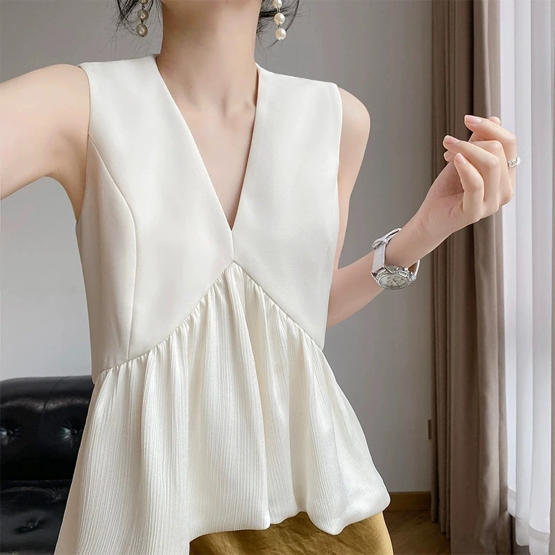 菱泽希韩雪同款V领收腰醋酸米白色荷叶边拼接无袖上衣女春夏显瘦
