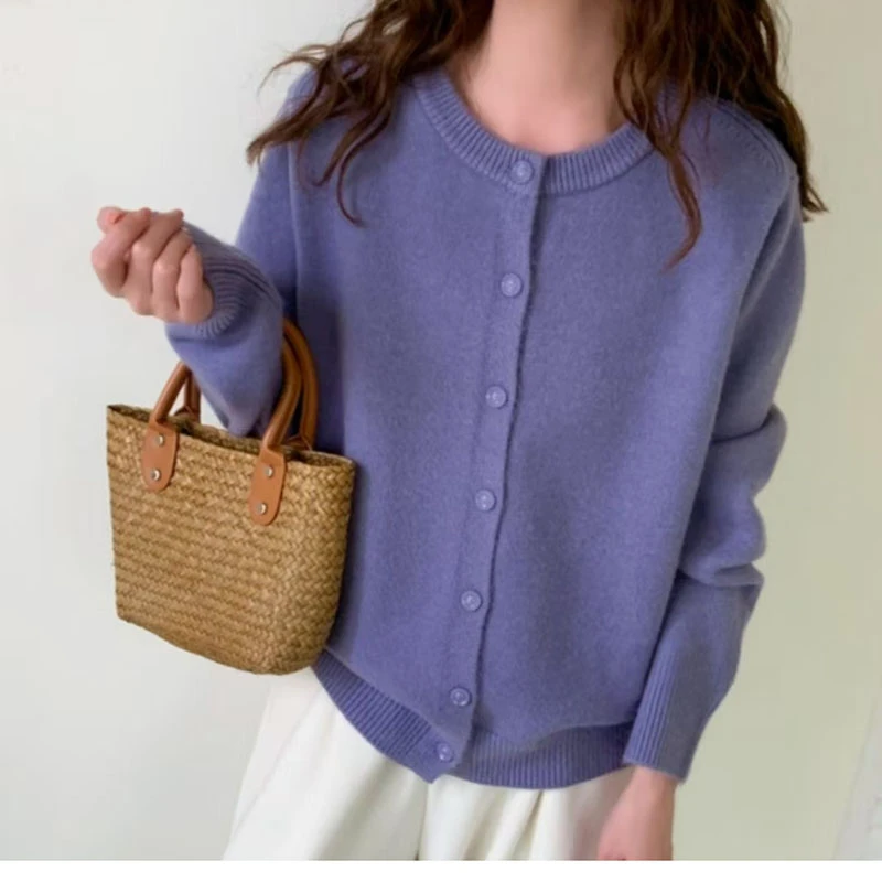 女常规春季圆领长袖针织衫开衫韩版气质网红纯色百搭毛衣外套