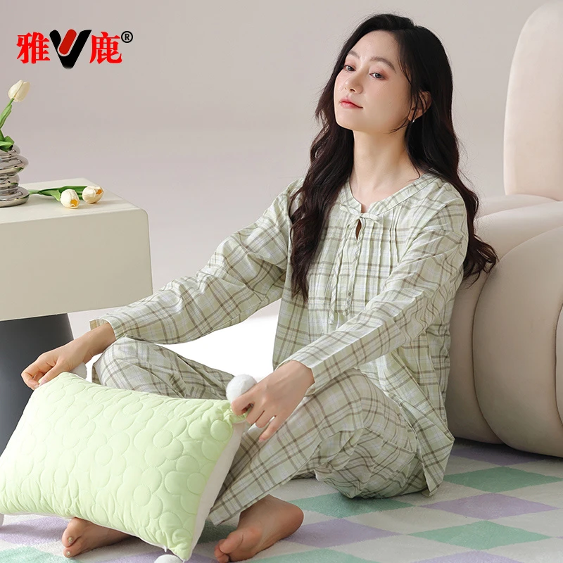 纯棉睡衣女春秋季长袖大码休闲格子秋冬款家居服套装可外穿