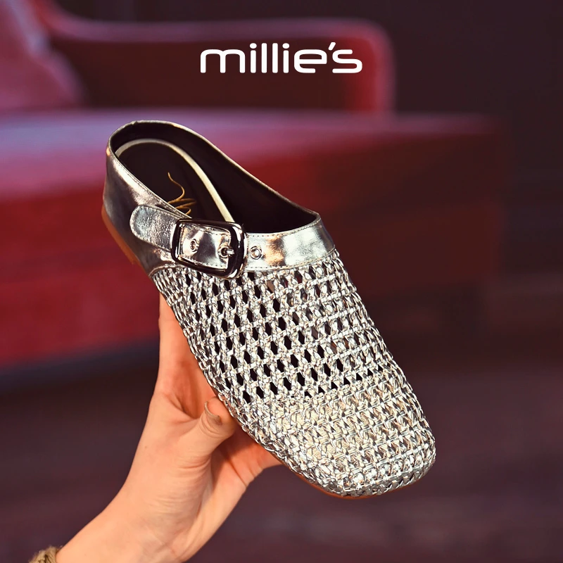 MILLIE S/妙丽编织半拖凉鞋女小众时尚包头拖鞋百搭内增高穆勒鞋