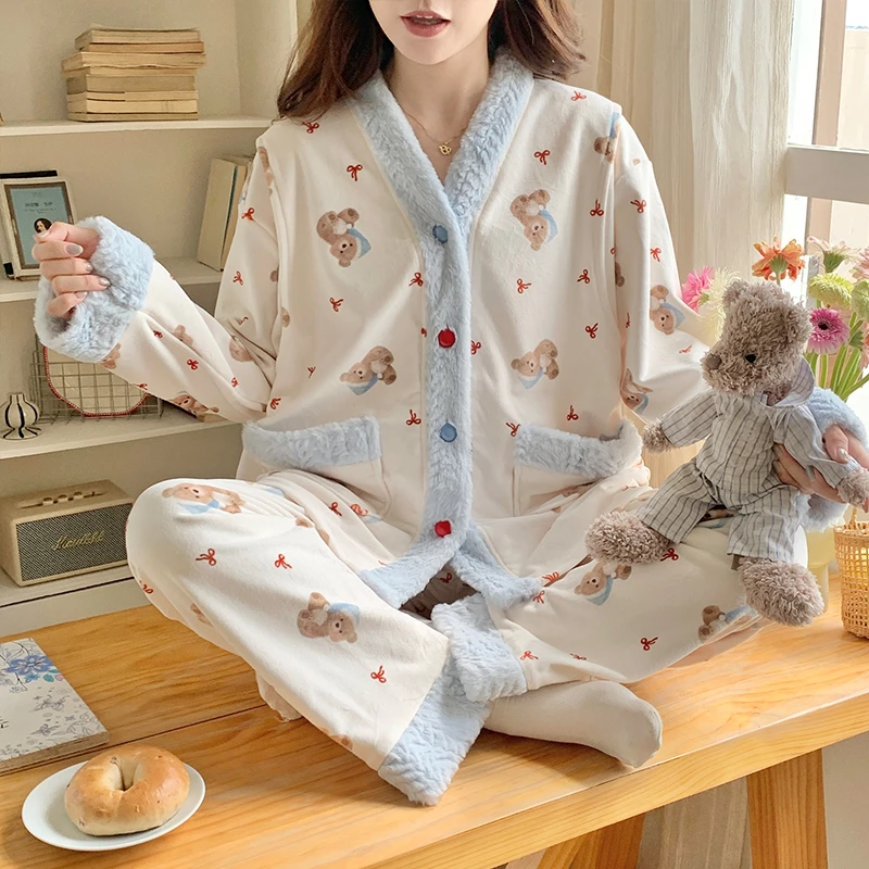 珊瑚绒月子服秋冬季加厚保暖海岛绒孕妇哺乳睡衣产妇喂奶家居套装