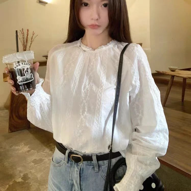 D-1405春夏新款 水溶棉法式蕾丝长袖衬衫女2165