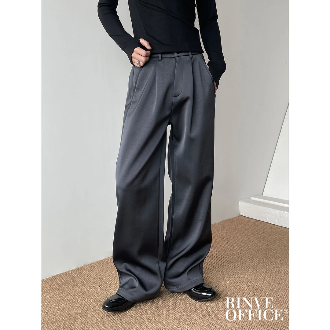 RINVE灰色缎面休闲西裤男秋冬季后松紧宽松垂坠感直筒阔腿裤长裤