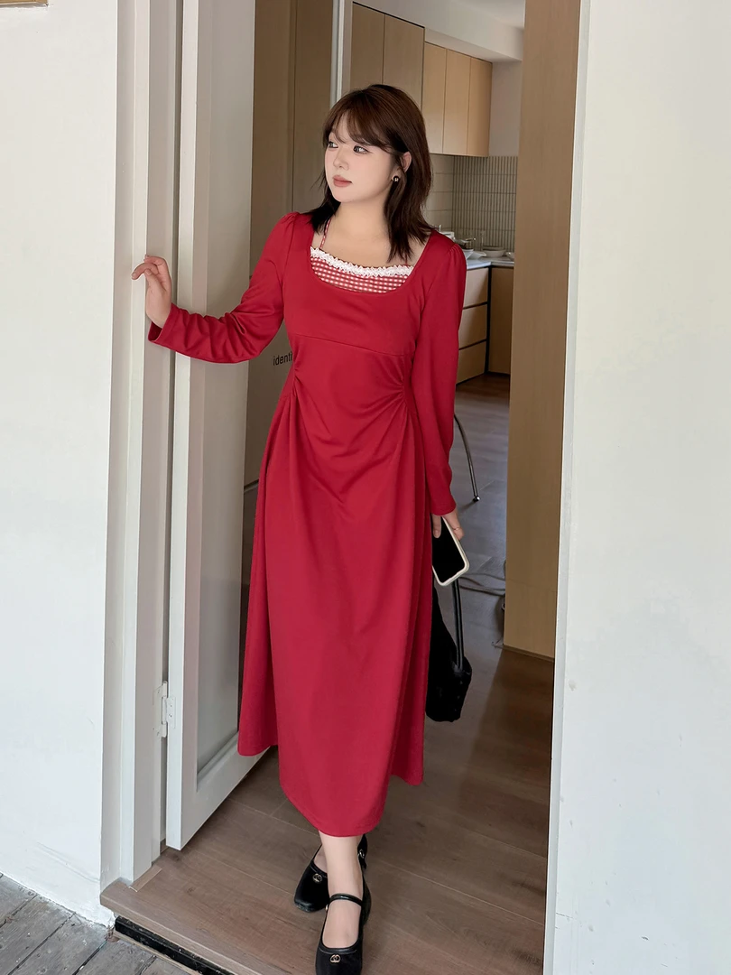 YH-3125大码女装2025秋季假两件挂脖长款泡泡袖连衣裙胖妹妹裙子