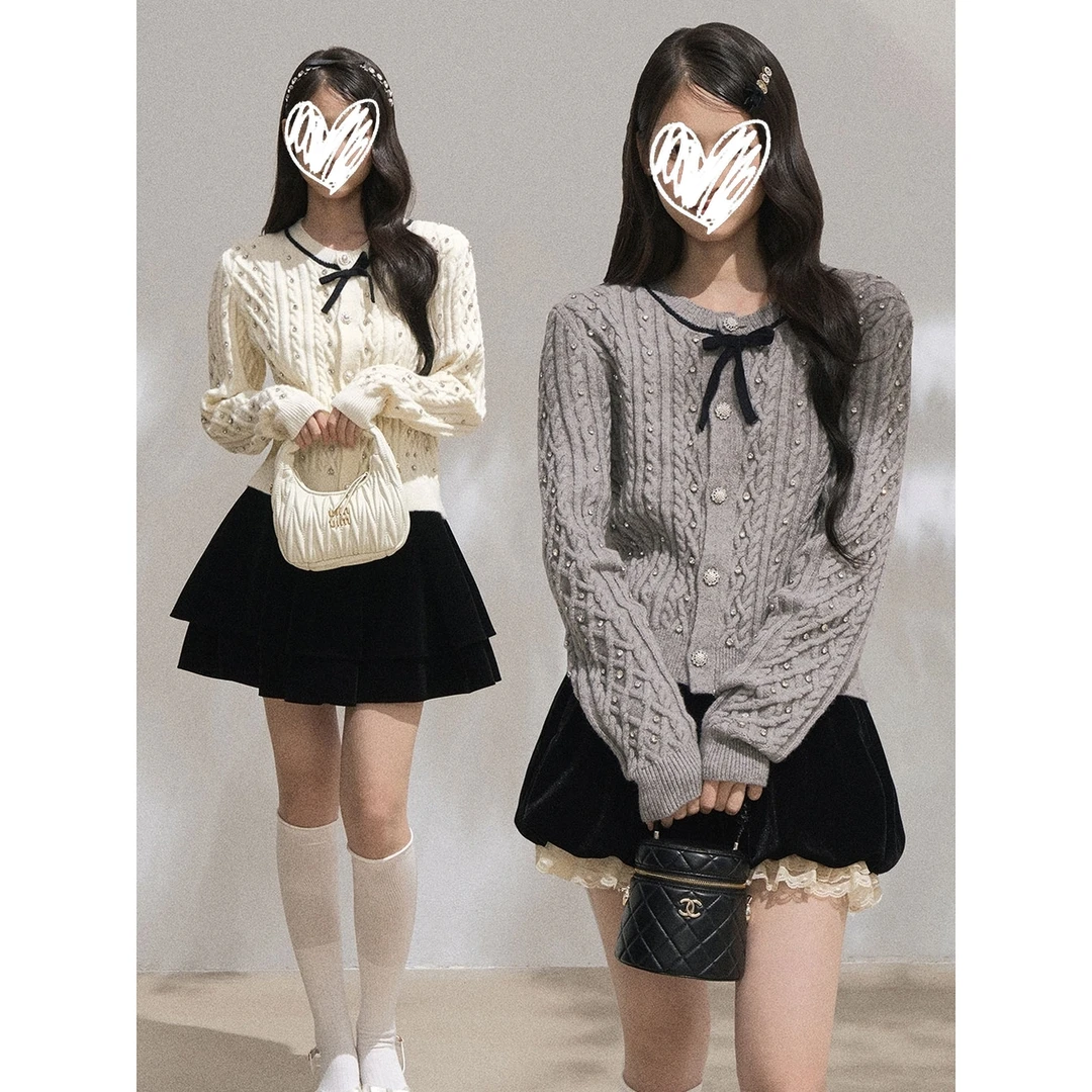 “钻影流光”烫钻蝴蝶结韩系小香风百搭修身毛衣针织圆领开衫女