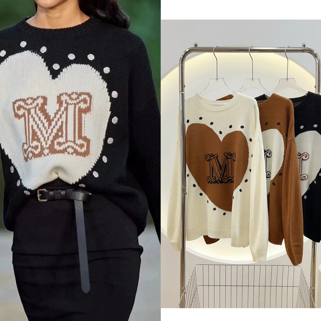 落肩袖爱心提花圆领宽松型针织毛衣长袖冬季秋冬