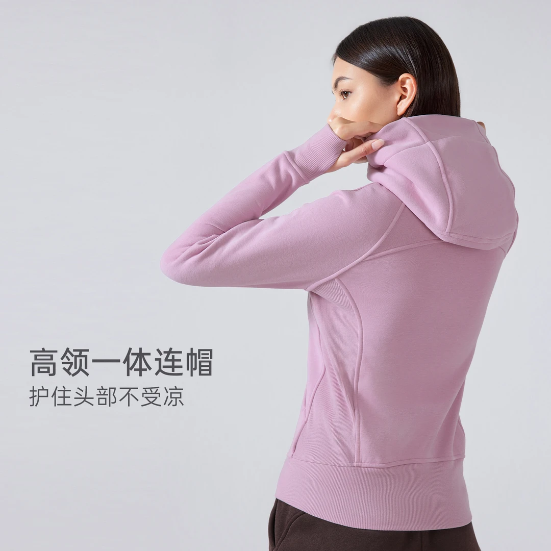 秋冬新款加厚保暖连帽运动外套女休闲外穿瑜伽训练健身夹克长袖