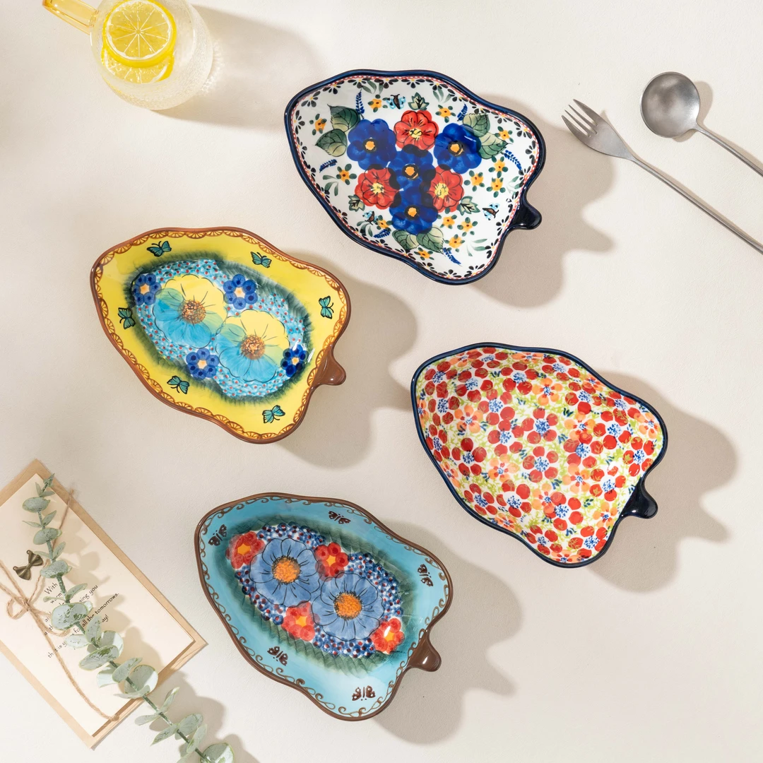 【西里西亚】手绘釉下彩-8英寸树叶盘（两个装）