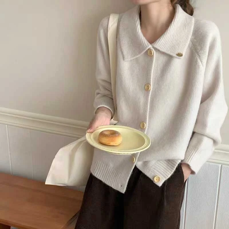 简约纯色翻领单排扣针织开衫女秋季2025新款毛衣外套显瘦百搭上衣