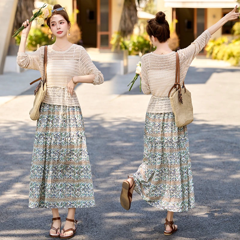 波西米亚碎花套装裙女2025秋季新款镂空针织上衣吊带半身裙三件套