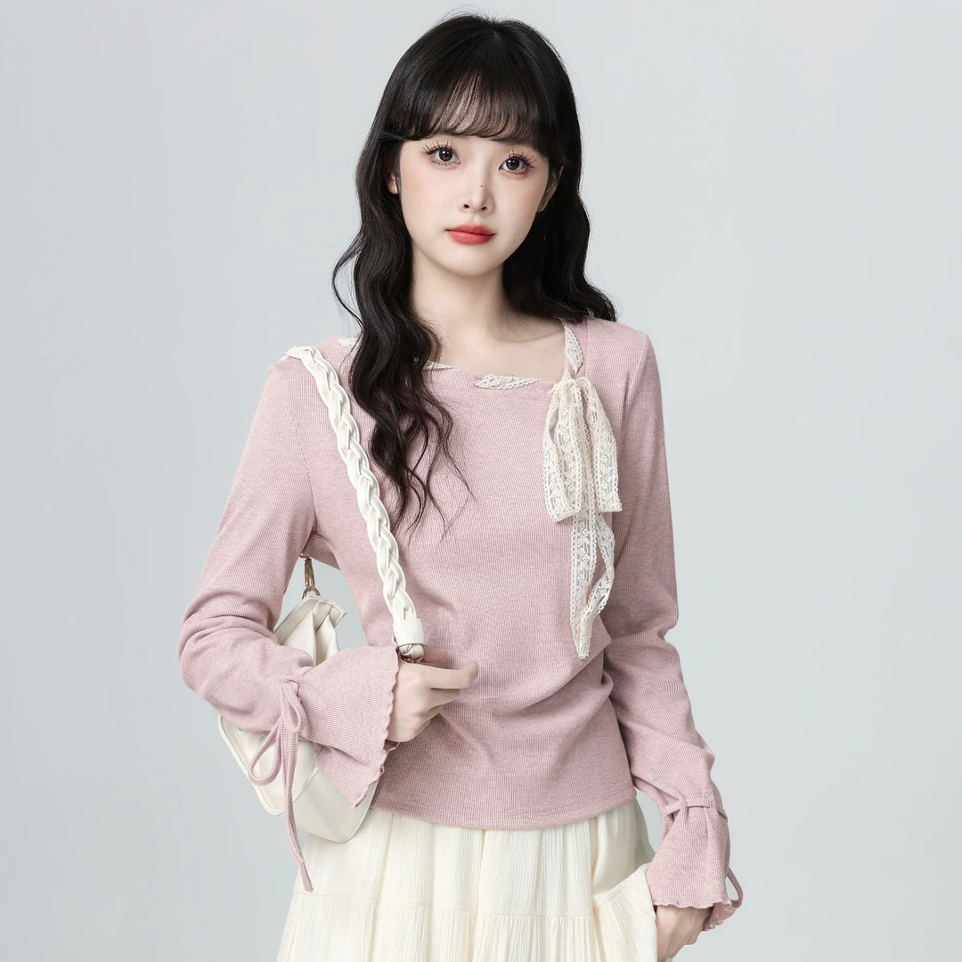 法式粉色斜领长袖T恤女2025早秋季新款设计感蝴蝶结系带短款上衣