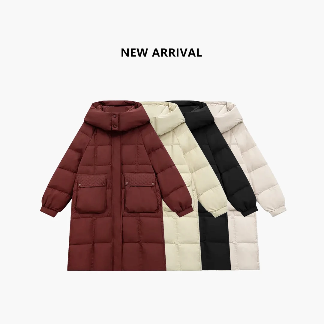 【伦敦专属】双口袋菱形格中长款羽绒服女士连帽冬季外套加厚