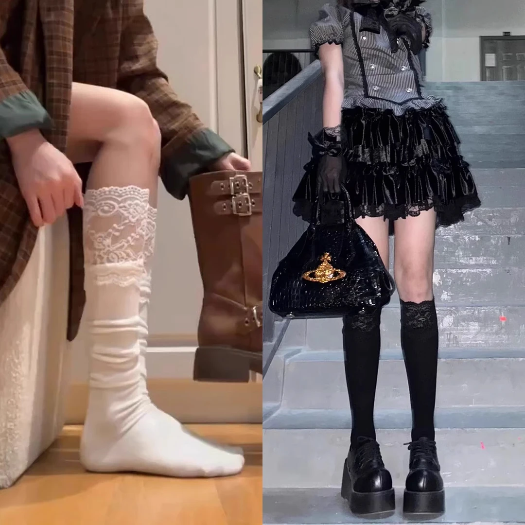 蕾丝花边中筒袜女拼接配西部牛仔靴子过膝袜春秋新款白色jk长袜