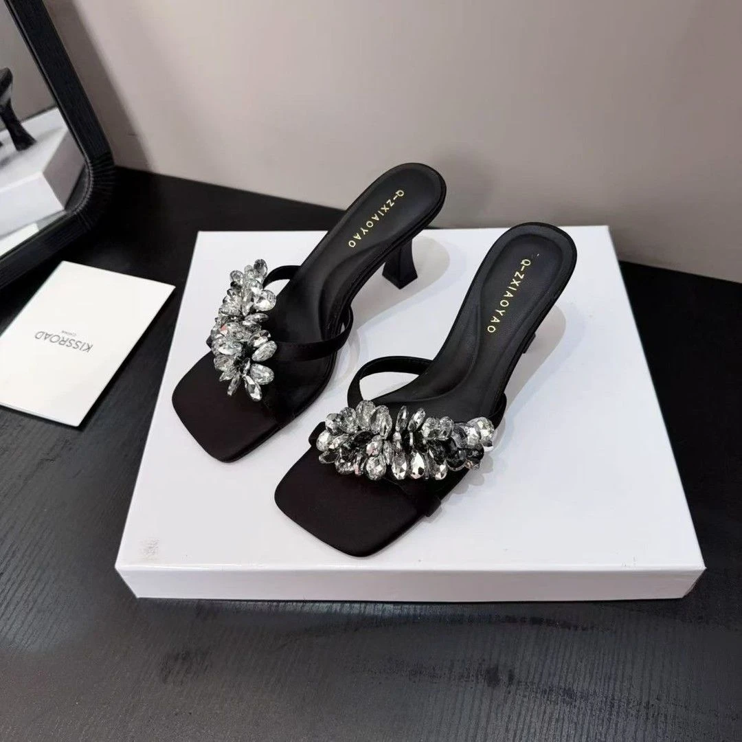 6厘米水钻花朵露趾高跟拖鞋女外穿2025新款粗跟气质百搭凉拖鞋女
