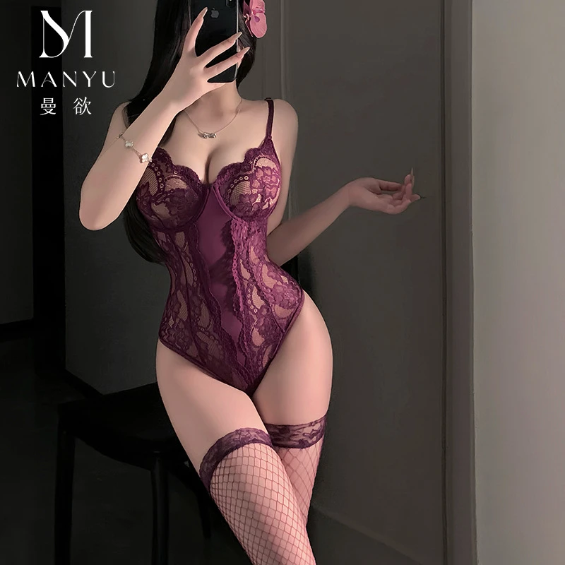 曼欲内衣新款火辣紫色蕾丝连体衣纯欲制服睡衣