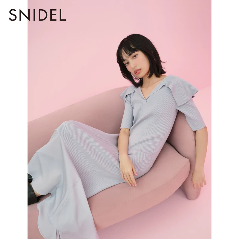 SNIDEL2025新品优雅翻边V领长袖针织鱼尾连衣裙SWNO252161