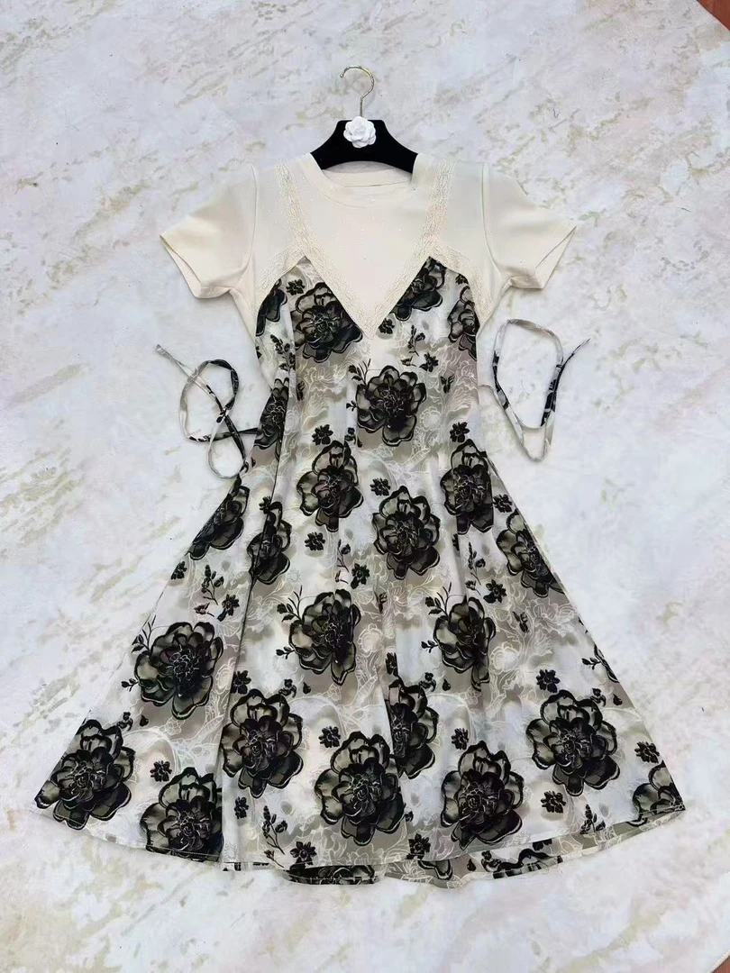 『典雅墨韵』2025年夏季新款假两件法式气质显瘦假两件连衣裙【思思】