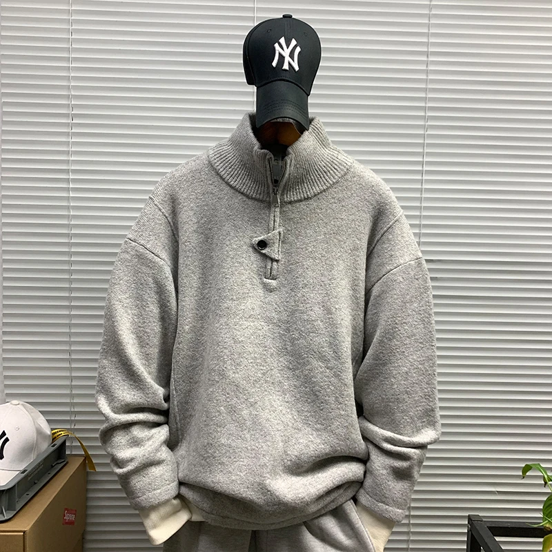 半拉链毛衣男款秋冬新款潮牌休闲宽松百搭简约纯色套头针织衫外套