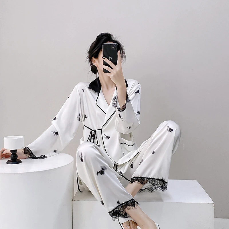 2025新款冰丝女士睡衣水墨印花休闲长袖长裤冰雪丝居家套装可外穿