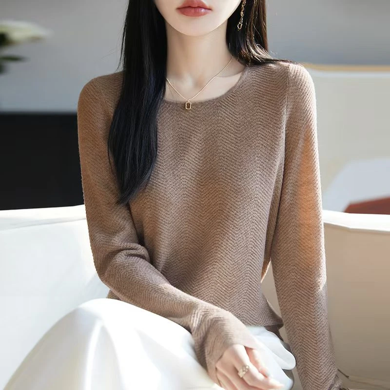 【波浪纹圆领修身】气质显瘦~100精纺全羊毛薄款针织打底衫长袖女