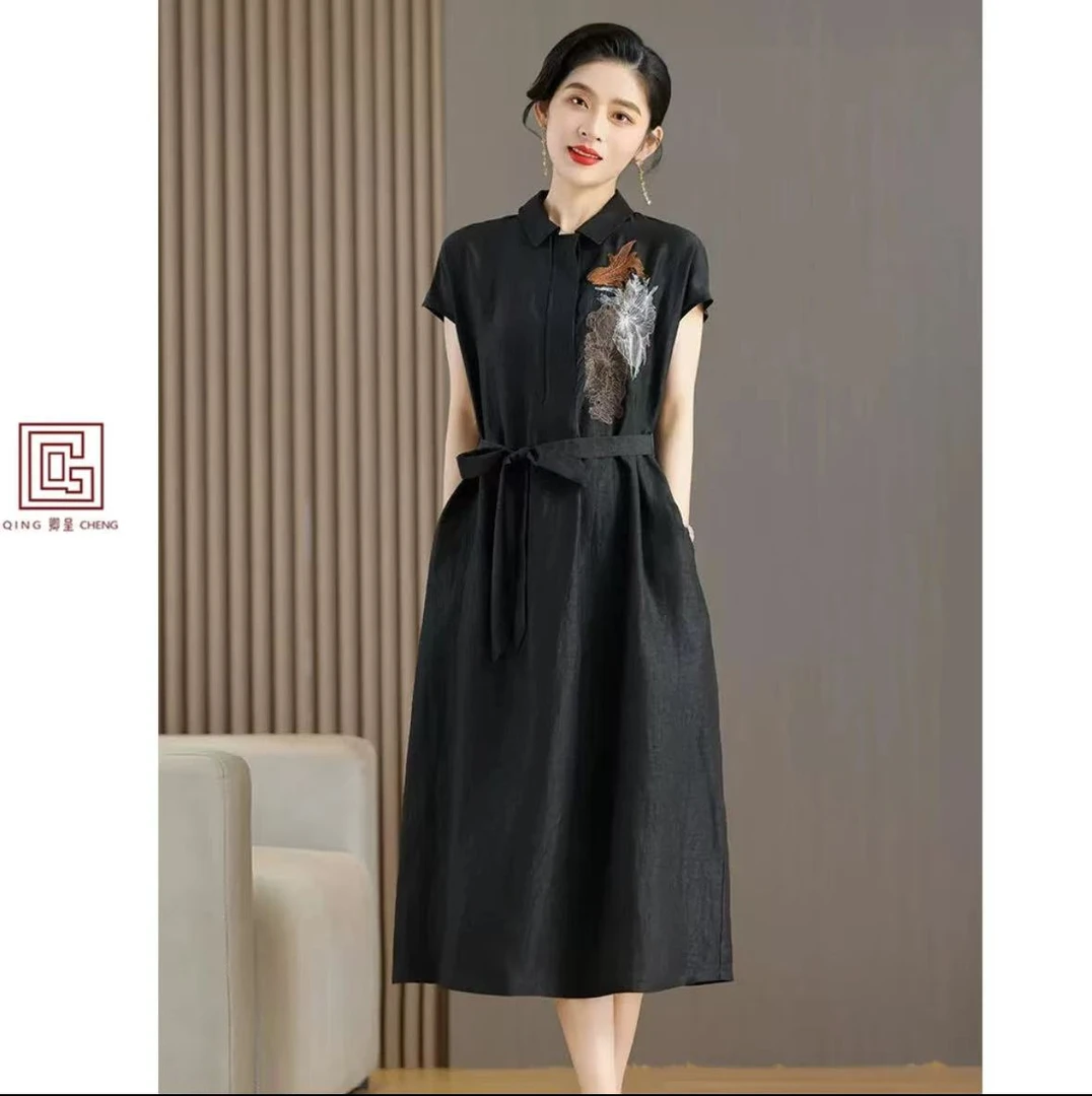 W11【锦悦】龟裂纹连衣裙复古修身绣花中长款宽松大码收腰女士裙子