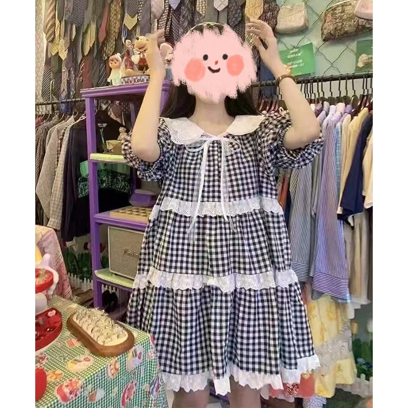 大码微胖甜美花边娃娃领泡泡袖短连衣裙5921#