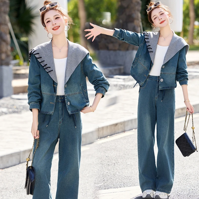 休闲复古拼接牛仔套装女2025春季新款海军领减龄工装阔腿裤两件套